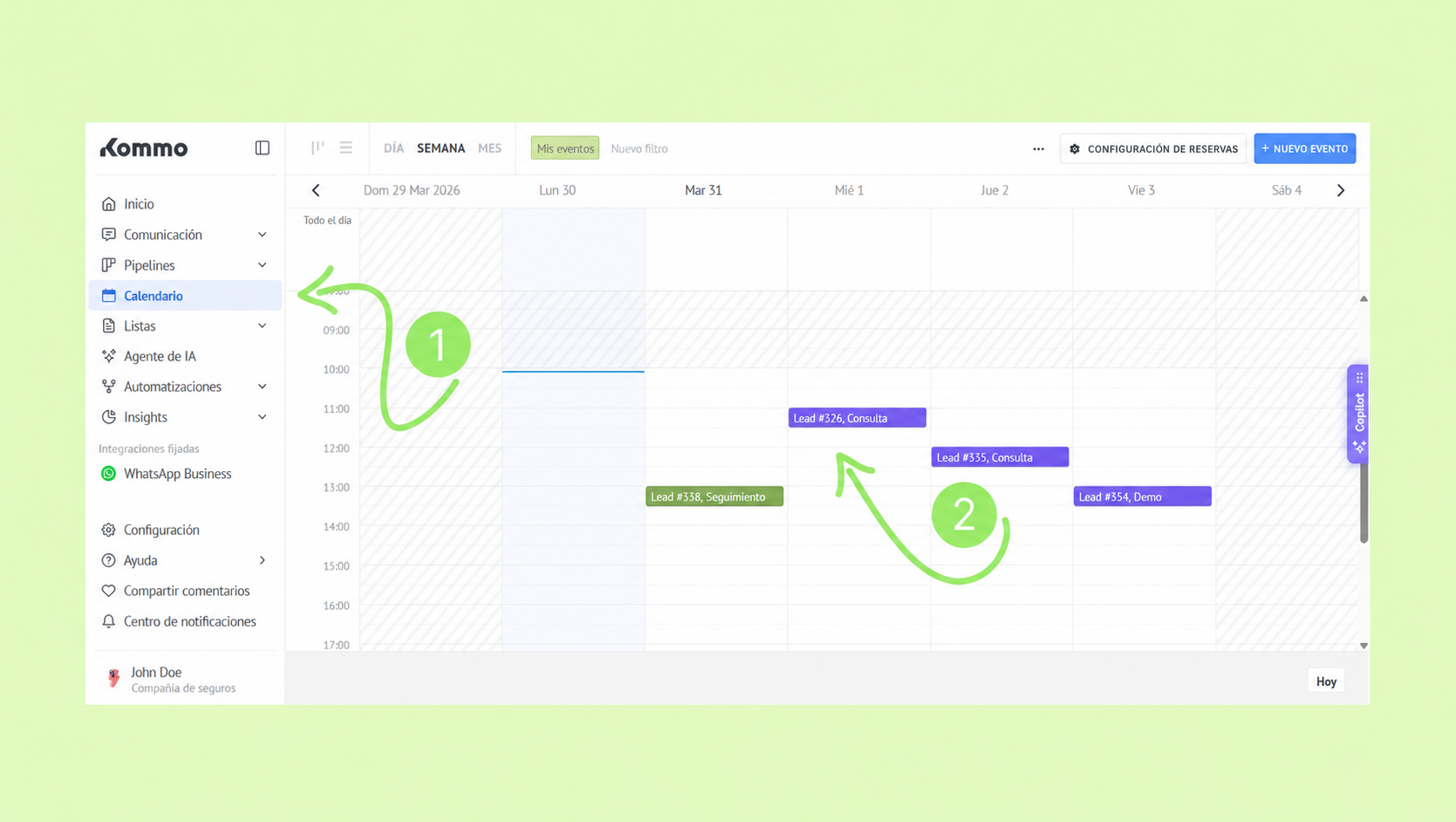 Calendar view showing scheduled leads and events for March 29 to April 4, 2026.